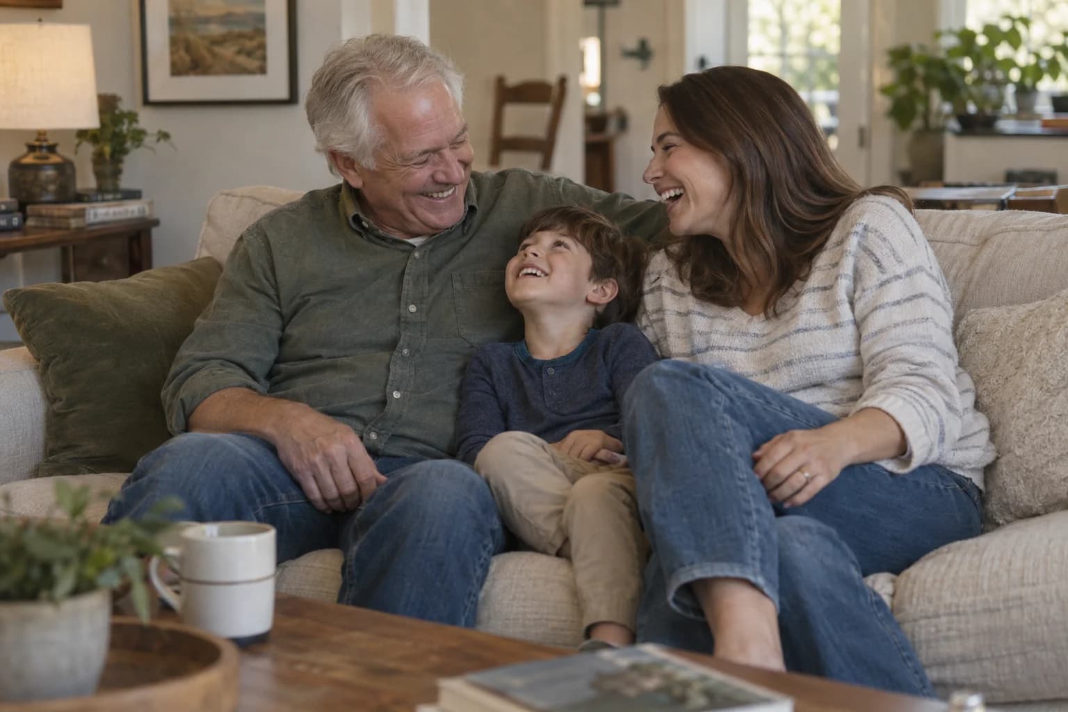 A grandfather, his adult daughter, and a young boy sharing a laugh on their sofa