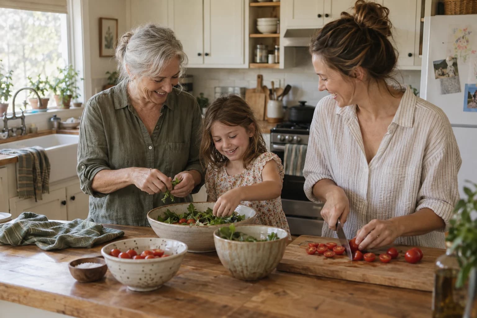 A grandmother, her adult daughter, and a child laughing while preparing lunch together