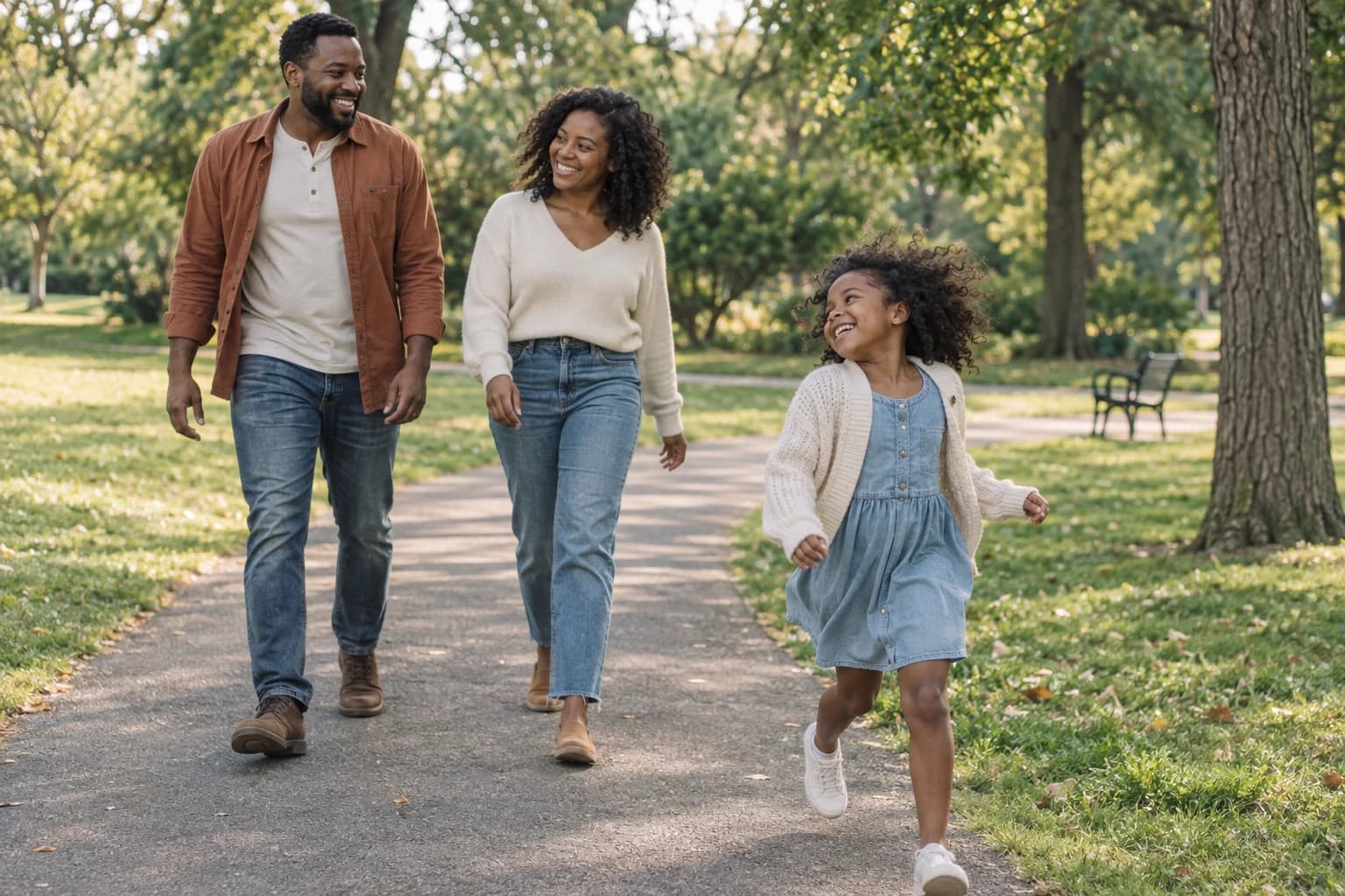 Parents enjoying a park walk as their daughter runs ahead and laughs back at them